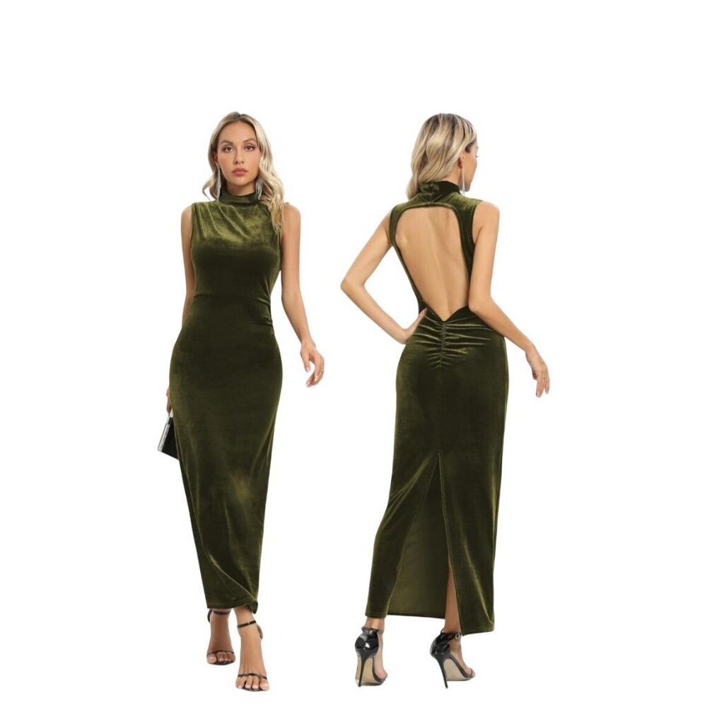 Capuffy Womens Bodycon Size 8-10 Olive Green Velvet Backless Midi Dress